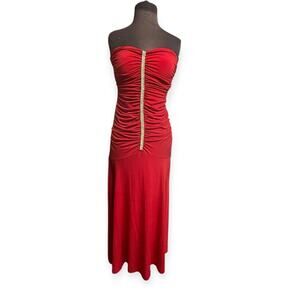 Y2K Red Strapless Ruched Maxi Gown Womens S Sparkle Rhinestone Front Formal Prom
